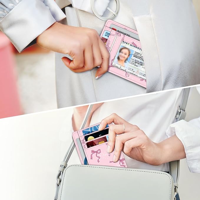 FINTIE Slim Minimalist Front Pocket Wallet, RFID Blocking Credit Card Holder Card Cases with ID Window for Men Women (Pink Bow)