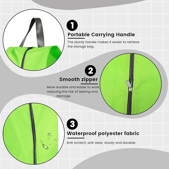 3 Pack Folding Shoe Bags for Travel with Zipper Closure, Waterproof Shoe Storage Bag with Handle, Washable Shoe Organizers Packing Cubes for Gym Women Men (Green)