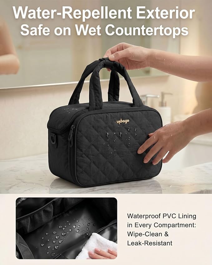 Lightweight Structured Travel Toiletry Bag for Women - Wide-Open Puffer Mini Duffel with Removable Divider, Waterproof Lining, Water-Resistant Exterior, Fits Full-Size Bottles & Shower Essentials