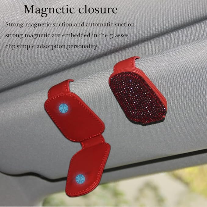 ACODABLEM Bling Car Glass Holder Sun Visor, Bling Crystal Rhinestone Sunglasses Magnetic Holder Mount Universal Eyeglasses Hanger Clip, Ticket Card Clip for Car, Car Sun Visor Accessories (Red)