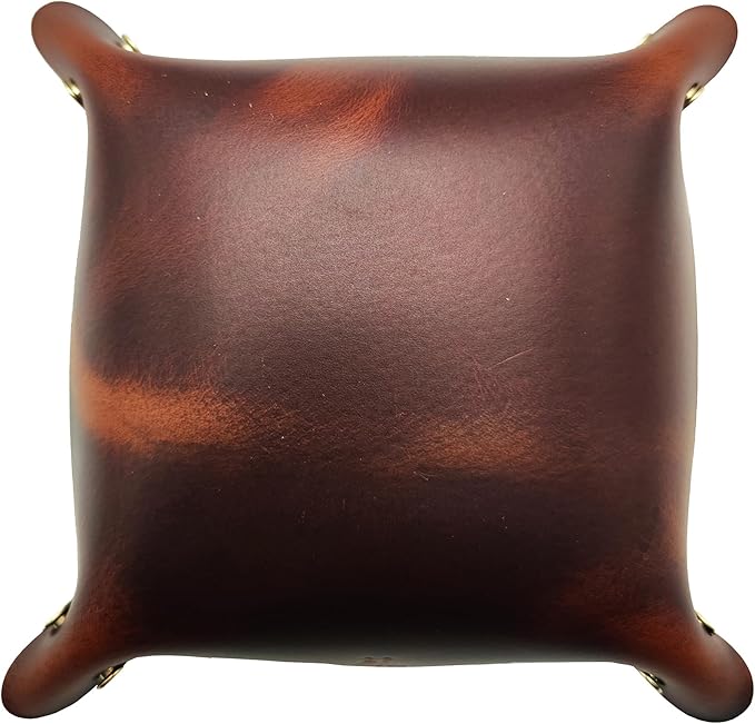 Leather Valet Tray Entryway Catchcall Tray Nightstand Organizer Storage for Wallets Watches Keys Holder Dish Bowl Coins Office Desk Accessory (Antique Brown-Oil Wax Leather).