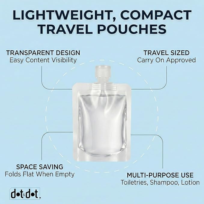 Travel Pouches for Toiletries, 13 Pack TSA Approved Refillable Travel Liquid Pouches, Flat Travel Bottles for Toiletries, Reusable 3oz Portable Containers with Funnel, Labels & Clear Carry On Bag