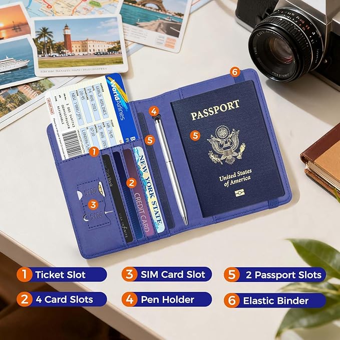 Cnycmy Passport Holder for Travel, Pu Leather Travel Wallet, RFID Blocking, Metal United States Coat of Arms, Waterproof cover for Family (Blue)