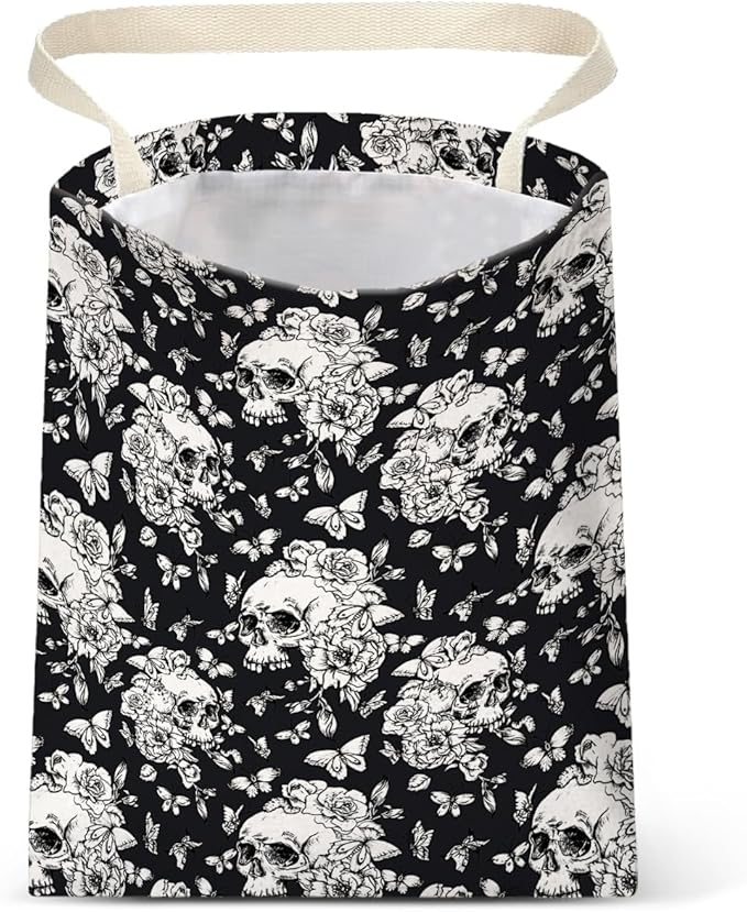 IRADA Car Trash Bag Hanging No Snap Small Garbage Bag for Car Back Seat Cute Printed One-Handed Strap Trash Bags Car Accessories-Halloween Skull Car Trash Bags