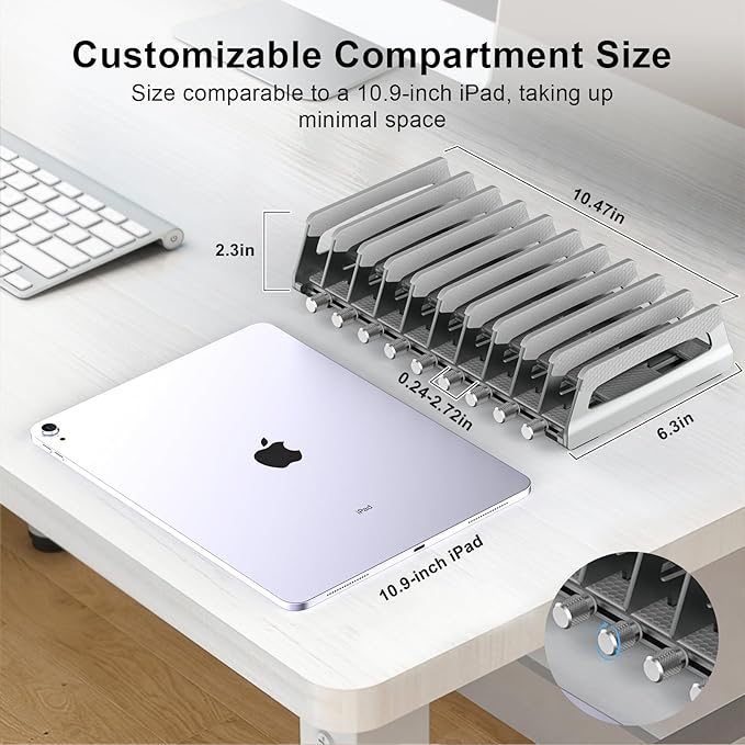 Elestoria 10-Slot Vertical Laptop Stand & Holder ??Adjustable Aluminum Laptop Stand Vertical for Desk Fits 10 Devices, MacBook & Gaming Laptops (Up to 17.3?? ??Space Saving Laptop Storage Rack - Grey
