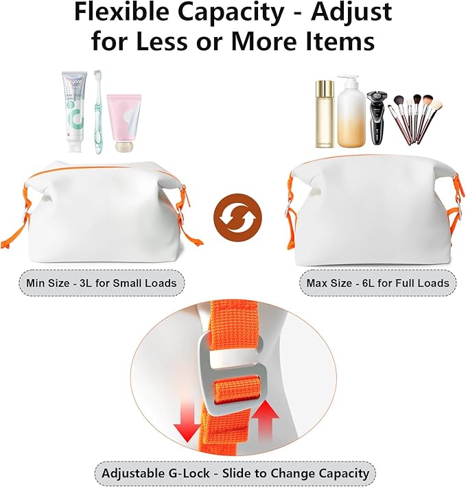 Vomgomfom 6L 13 Inch Silicone Toiletry Bag, Waterproof Leakproof Travel Cosmetic Organizer, Adjustable G-Buckle Compression Dopp Kit, Foldable Makeup Bag for Women & Men (White, 13" 6L)