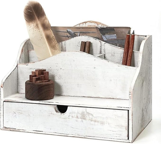 Pine Wooden Mail Organizer for Desk - Retro Farmhouse Mail Holder Countertop with Drawer & Dividers - 4-Slot Letter Holder for File & Office Accessories - Office Organizer for Home Decor (Whitewash)