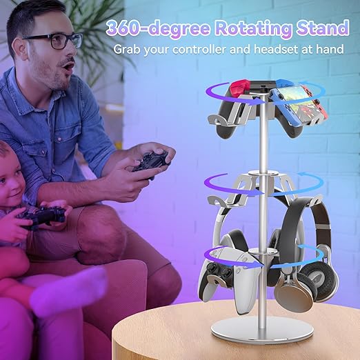 Controller Stand Compatible with Xbox PS5 PS4 Nintendo Switch Pro, 3 Tier Aluminum Gaming Headset Stand, Rotatable Headphone Controller Holder Organizer Rack, Universal & Large Capacity, Silver