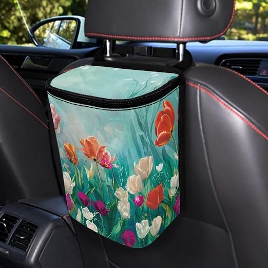 Biyejit Tulip Flowers Car Rubbish Storage Reusable Car Trash Can for Car SUVs Vans, Car Trash Bag Bin Hanging Waterproof Automotive Car Garbage Cans Leak Proof Vehicle Trash Can
