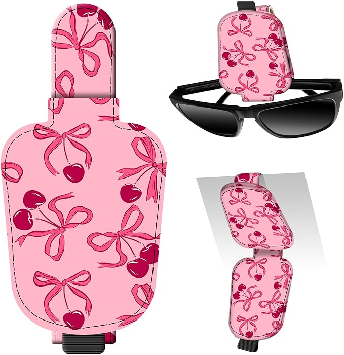 Leather Magnetic Sunglass Holder for Car Sun Visor, Cute Eyeglass Ticket Card Hanger Clip, Universal Auto Interior Accessories for SUV Pickup Truck Pink Bow