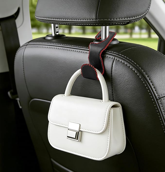 EldHus Car Seat Hooks for Purses and Bags, 4 Pack Car Purse Holder for Grocery Bag Handbag Clothes, Metal Headrest Hooks Covered by Leather, Black Red