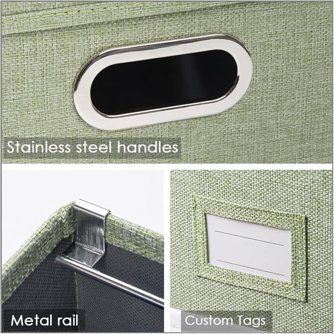 PRANDOM File Organizer Box - Set of 4 Collapsible Decorative Linen Filing Storage Hanging File Folders with Lids Office Cabinet Letter/Legal Size Green 17.1x14x11.1 inch