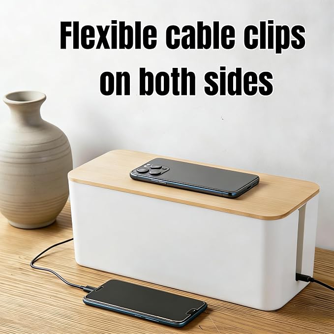 1 Large + 1 Small Cable Management Box Set – 2-Piece Cord Organizer Box, Home Office Desk Wire Storage & Cable Management Solution (Bamboo Lid/White)