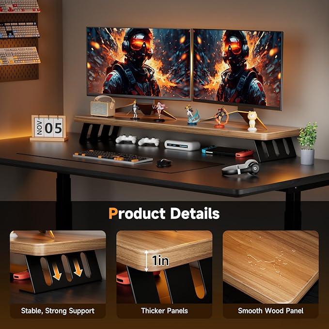Dual Monitor Stand Riser, 39 Inch Large Wood Monitor Stands for 2 Monitors, Desk Monitor Riser for Computer/Laptop/Printer/TV, Stand Riser up to 220 lbs