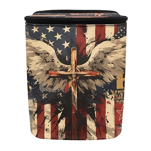 Biyejit American Flag Cross Car Trash Can with Lid - Leakproof Trash Bin Car Garbage Can, Collapsible Automotive Truck Organizer Storage Bag Cars Accessories for Women Men Road Trip Essentials
