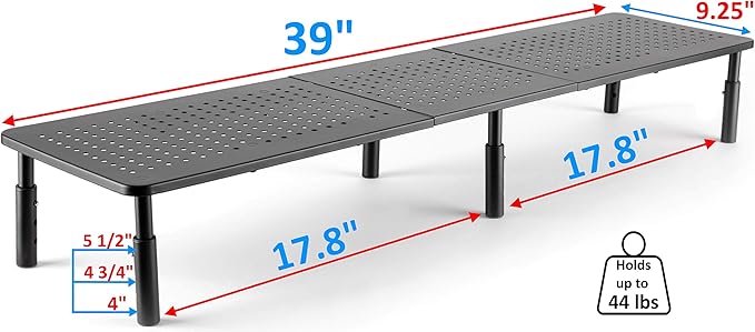 Husky Mounts Large Dual Monitor Stand Riser, Adjustable Legs, 39" x 9.25" x 5.5" Max Height, Matte Black Steel