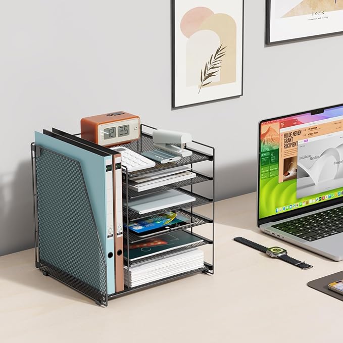 gianotter Dual Monitor Stand Riser + 6-Tier Paper Organizer (Black)