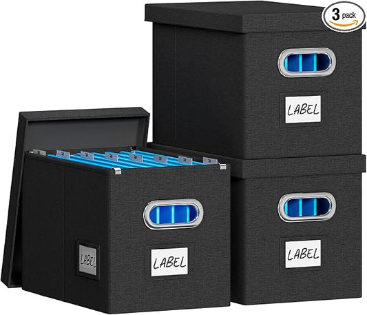 FHSQX File Box with Lid-File Organizer Box Set of 2 Portable Hanging File Box-Decorative Filing Storage Boxes for Office & Home File Cabinet (Black, 14 x 9.3 x 10.9 in (3Pack))