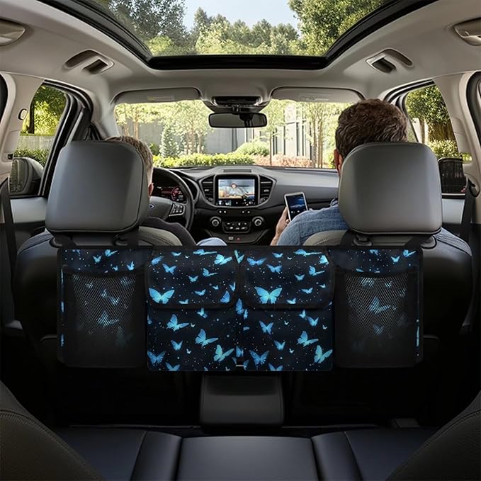 Blue Butterfly Print Car Trunk Organizer with 4 Pockets Hanging Car Backseat Storage Bag Detachable Car Storage Accessories for SUV Sedans Hatchback Crossover Minivan