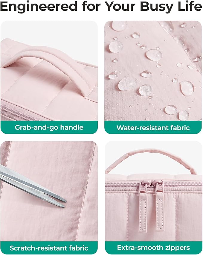 BAGSMART Travel Makeup Bag for Women, Portable Water-resistant Cosmetic Case, Puffy Padded Make Up Organizer Pouch, Open Flat Toiletry Bag for Toiletries, Brushes, Dark Pink