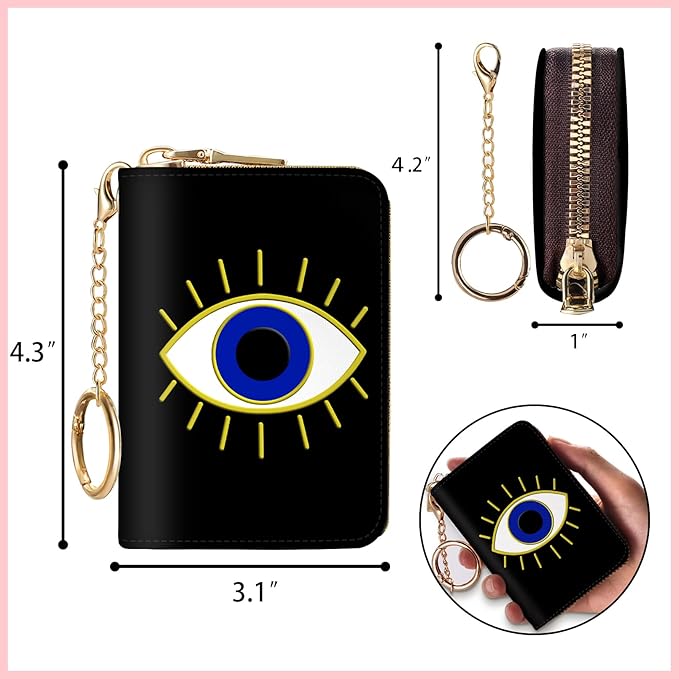 Blusabaca RFID Credit Card Holder Wallets for Women, Small Evil Eye Card Case Wallet with Removable Keychain and Zipper, Leather Card Holder Pocket Business Card Accordion Wallet