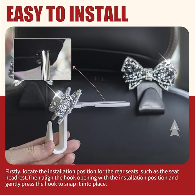 2 PCS Bling Bow Car Headrest Hook, S Type PVC Seat Back Hanger for Purses Bags Grocery, Sparkling Rhinestone Car Seat Hook Storage Decor, Universal for Most Vehicles (Pink)