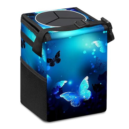Blue Butterfly Glowing Car Trash Can with Lid Collapsible Reusable Waterproof Car Garage Bag,Automotive Garbage Can,Car Accessories Interior Car Organizer
