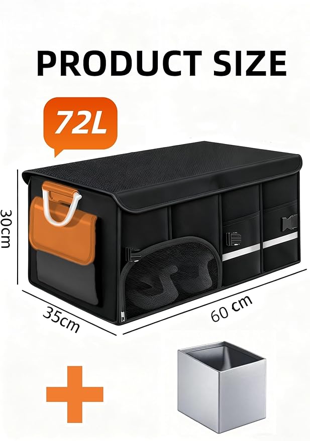 Car Trunk Organizer for SUV, Foldable Car Organizers and Storage with 4 Pocket, 72L Car Accessories with Shoes Compartments and Insulation Cooler Bag，Orange
