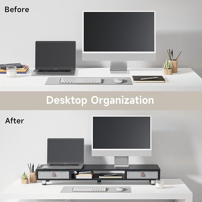 Fenge Monitor Stand, Dual Monitor Stand with 2 Drawers, Monitor Riser for 2 Monitors, Adjustable Height Computer Stand, Office Monitor Stands for Desk, Laptop, PC, TV, Printer
