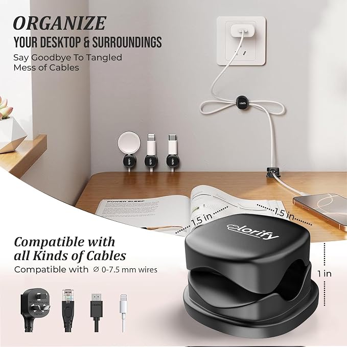 12 Pack Rotatable Spring Cable Clips, Adhesive Cord Organizer for Charging Cords, Phone Charging Clips, Laptop, Nightstand & Desk Cable Management for Home & Office Use (Black)