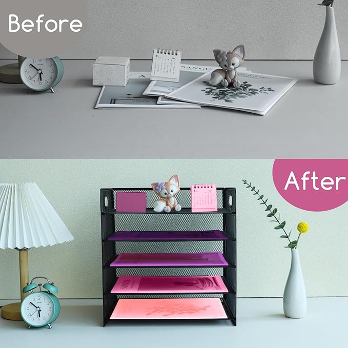 5 Tier Lettrer Tray Organizer with Handle, Metal Mesh Desk File Organizer with Sliding Trays, Paper Sorter Desk for Home Office School, Black