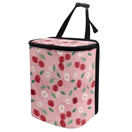 Car Trash Can with Lid - Leak-Proof Garbage Bin, Hanging Waste Basket, Interior Organizer Bag, Cherry Daisy
