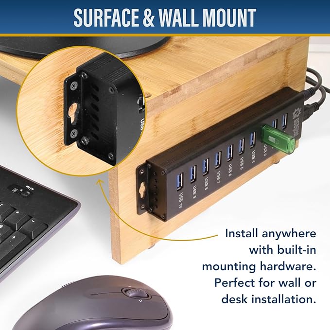 USBGear 10-Port USB Hub 3.2 Gen 1 ??Mountable SuperSpeed Data Hub with USB Ports for Laptop, PC, Desktop, and More, 5V/4A Power Adapter with Type-A to Type-B Cable (3ft), Computer Accessories