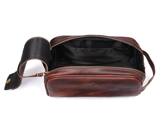 10" Premium Leather Toiletry Travel Pouch With Waterproof Lining Black Color | King-Size Handcrafted Vintage Shaving Kit By Aaron Leather Goods