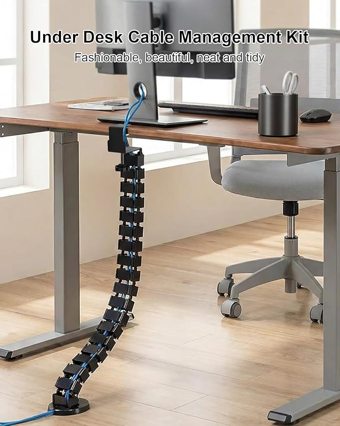 No Drill Clamp-On Under Desk Cable Management Kit, Adjustable Vertebrae Cord Organizer, Flexible Under Desk Wire Management for Standing Desk, Black