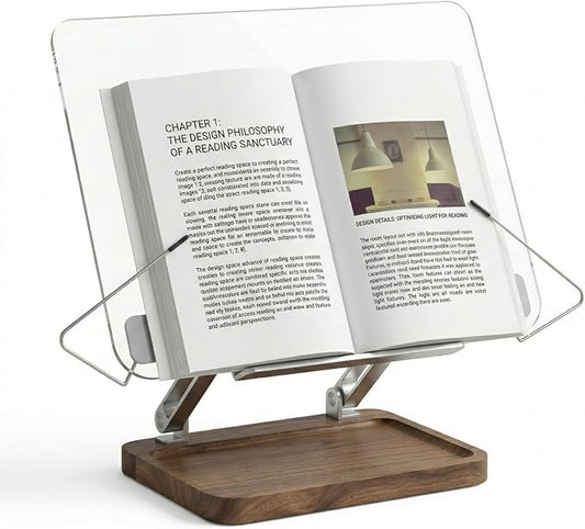 muso wood Acrylic Book Stand for Reading, Adjustable Book Holder with Walnut Storage and Elastic Clips, Desktop Riser Stand for Cookbook, Magazine, Tablet, Laptop