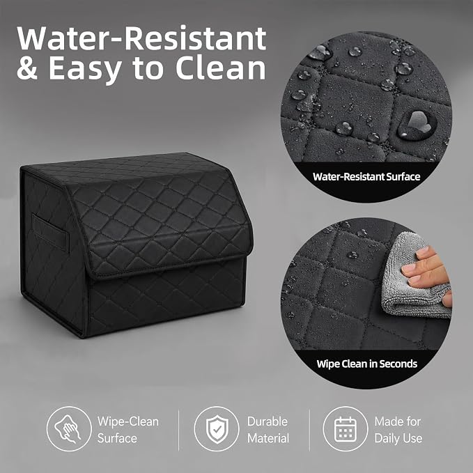 Leather Car Trunk Organizer with Lid,65L Foldable Storage Box for Universal Cars, SUVs, Sedans and MPVs, Removable Divider, Carry Handles, Black