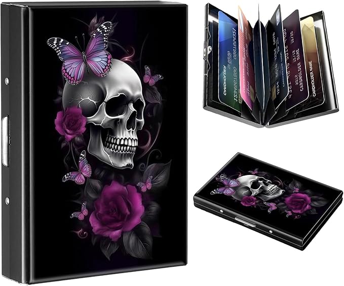 RFID Credit Card Holder,Small Metal Credit Card Case Wallet,Slim Mini Business Card Holder Organizer Hard ID Case Security wallet for Men Women -Sugar Skull Butterlies Floral
