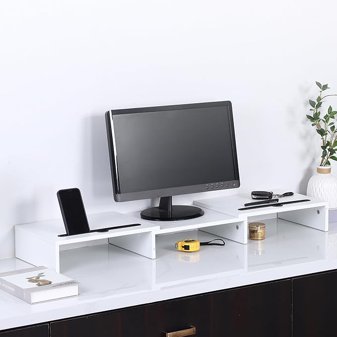 Relaxdays Monitor Stand, 2 Monitors, Extendable Segments, Width 74-105 cm, Ergonomic Screen Riser, White