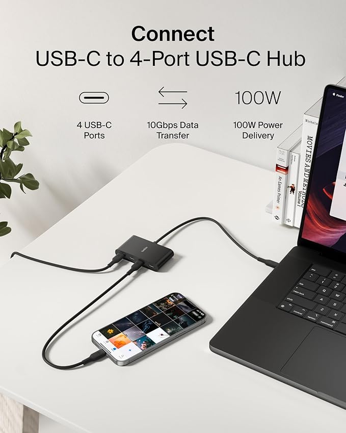 Belkin Connect 4-Port USB-C Hub - USB C Hub Multiport Adapter Dongle with 4 USB-C 3.2 Gen 2 Ports - High-Speed 10G Data Transfer for Laptop, MacBook, iPad, PC, and More - 100W PD