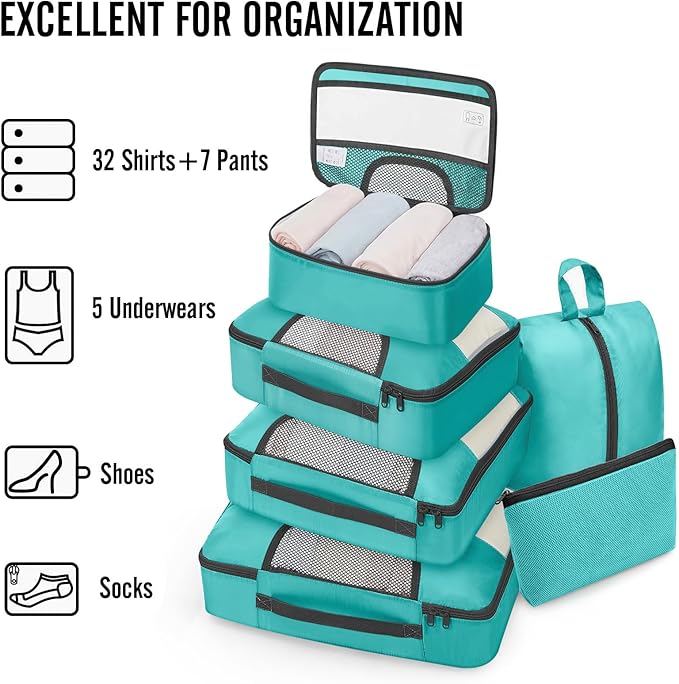 Veken 8 Set Packing Cubes for Travel Essentials, Suitcase Organizer Bags in 4 Sizes, Carry-On Luggage Accessories with Large Laundry & Hanging Toiletry Bag, Must-Have for Airplane, Road Trip & Camping