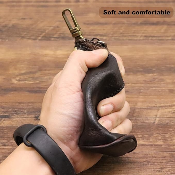 Medieval Leather Zipper Coin Pouch, Genuine Cowhide Handcrafted Coin Organizer Change Holder Keychain Coin Purse for Men & Women (Yellowish brown)