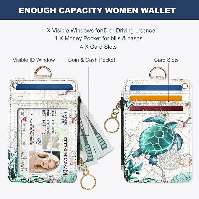 Slim Wallet Credit Card Holder, Map TurtleX, RFID Wallet Women Cute Small Front Pocket Wallet With Zipper, PU Leather Thin travel RFID Blocking Card Case ID Window,Ladies Gifts
