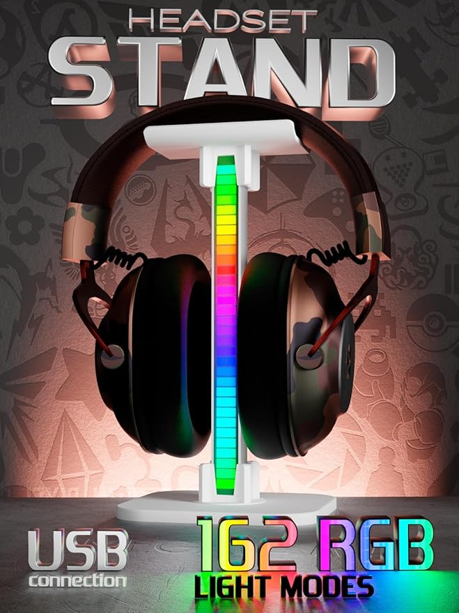 Headphone Stand, Headset Stand, LED Multi-Color Light, 2 in 1, Headset Holder, Gaming Accessories, Tabletop Setup (White)