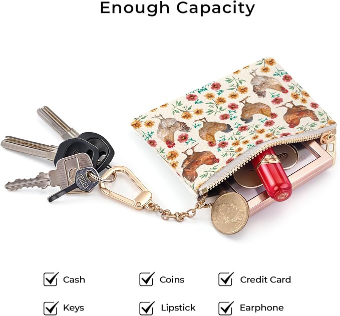 Chicken Rooster Floral Cute Keychain Coin Purse for Women, Small PU Leather Change Pouch, Zipper Little Travel Credit Card Wallet for Girls, Tiny Pocket Holder with Key Ring Ladies Gifts