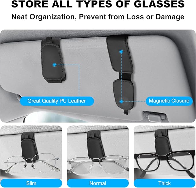 Teraves 2 Pack Sunglass Holder Clip for Car Visor, Upgrade Magnetic Leather Visor Sunglasses Clip, Easy to Hold Your Glasses Eyeglasses