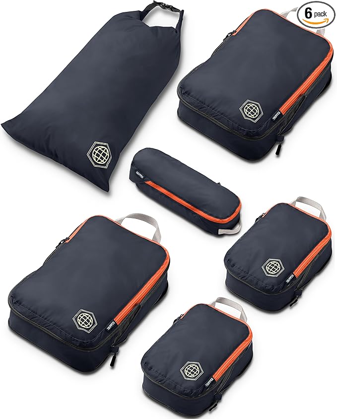 Compression Packing Cubes for Travel, 6-Piece Lightweight Packing Cubes Set for Carry-On Luggage & Backpacks – TRIPPED Travel Gear (Grey and Orange)