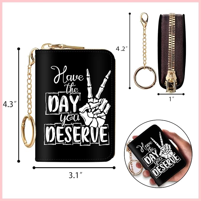 Blusabaca RFID Credit Card Holder Wallets for Women, Skull Skeleton Hand Peace Sign Small Card Case Wallet with Keychain and Zipper, Leather Card Holder Pocket Business Card Accordion Wallet