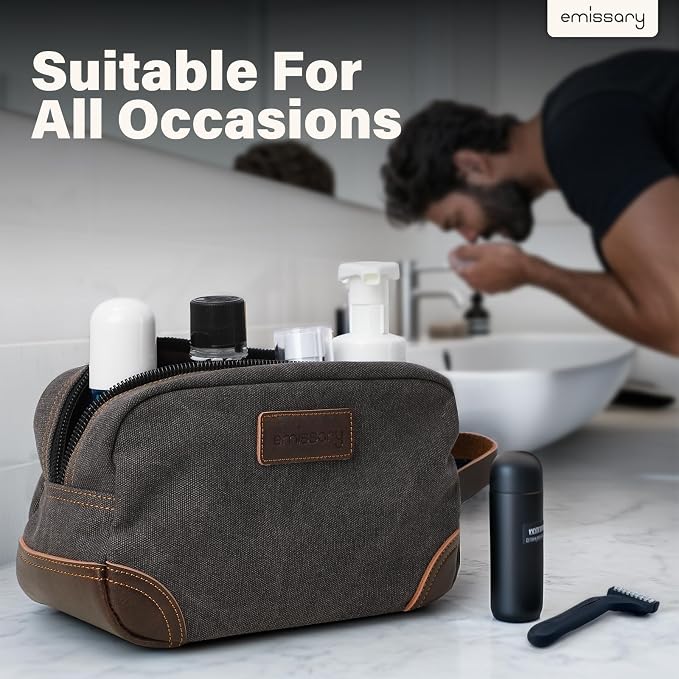 emissary Men's Canvas Travel Toiletry Bag, Leather Dopp Kit - Gray | Durable canvas & PU leather, water-resistant lining, side handle; roomy men's Dopp kit for travel & gym
