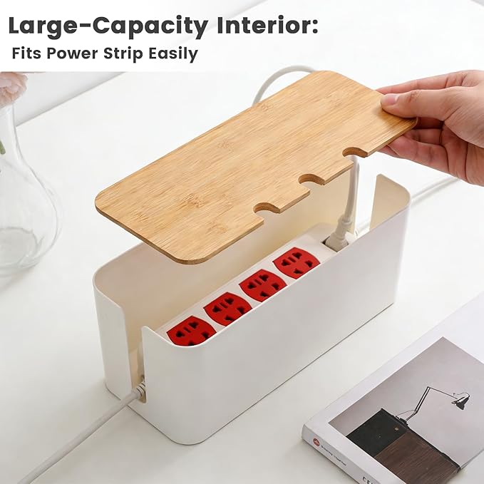 2 PCS Large Cable Management Box – Wooden Style Cord Organizer and Cover for TV Wires, Computer, Router, USB Hub and Under Desk Power Strip – Safe ABS Material